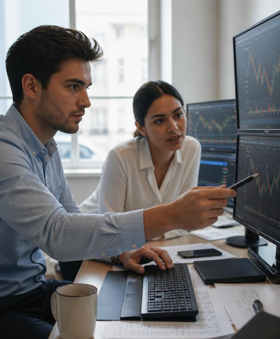 Two traders reviewing market charts together
