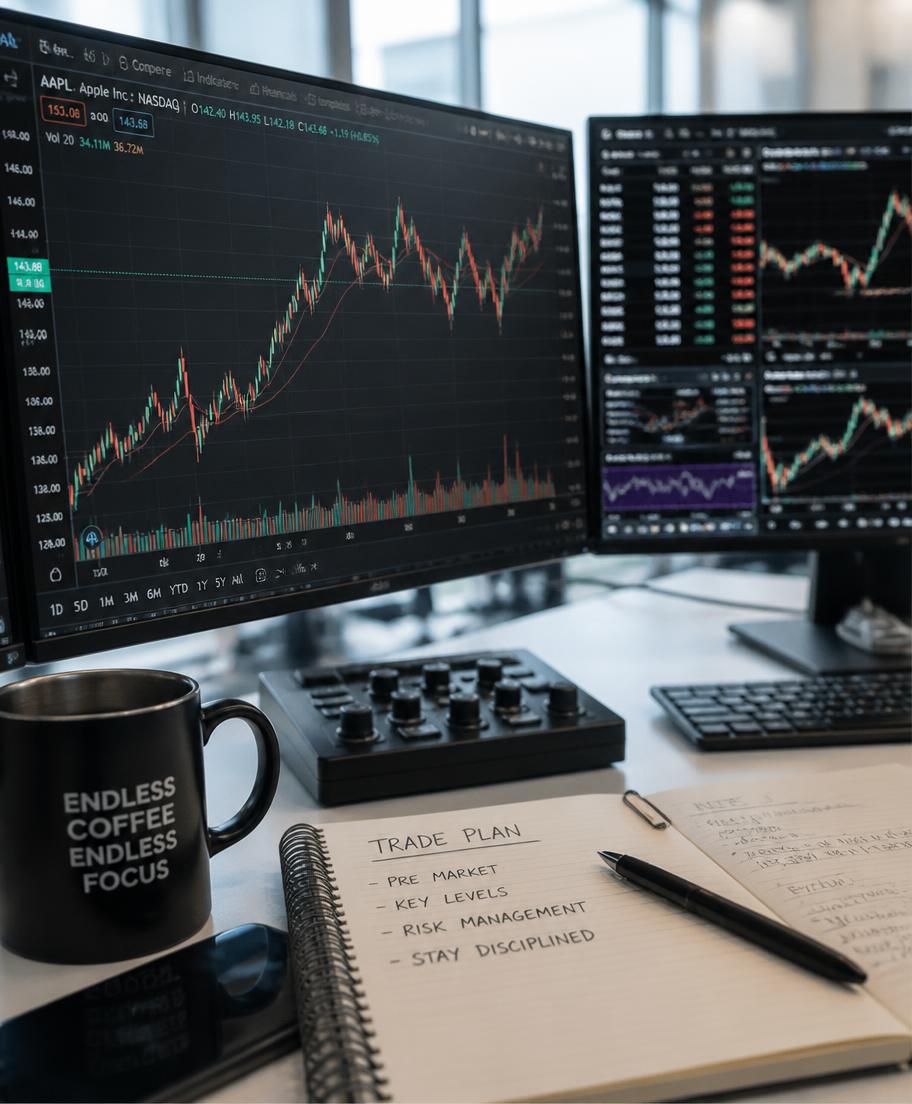 A trader's workstation with charts and a trade plan